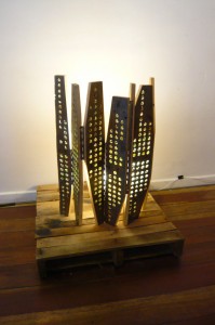 Fabian Tan, Gu-light 4, Abandoned timber pallet, glass marbles, fluorescent lamp